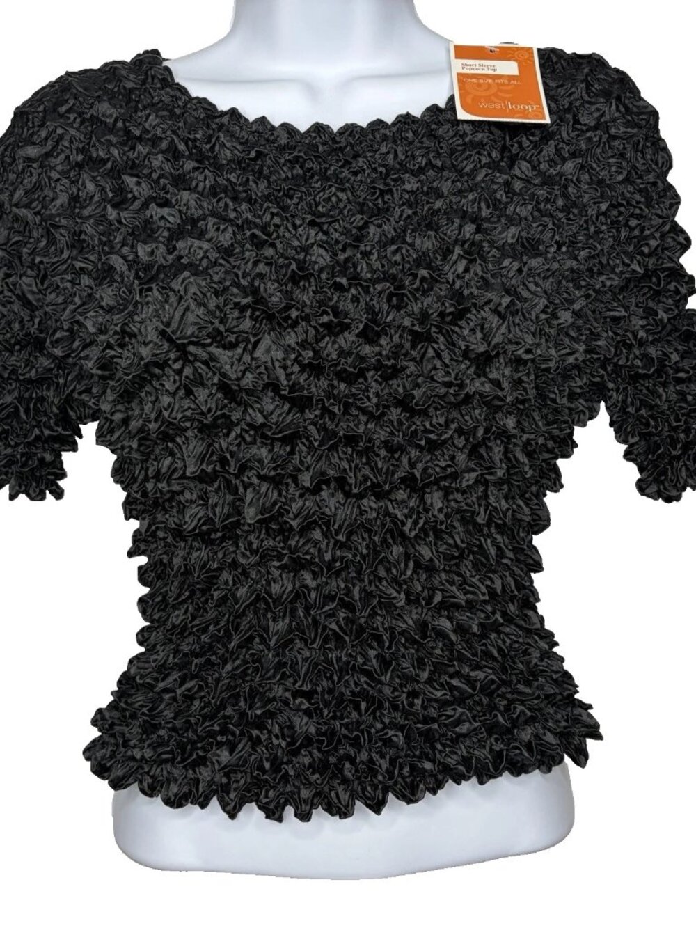 West Loop 90s Y2K Popcorn Top ONE SIZE Black Satin Textured Bubble Stretch